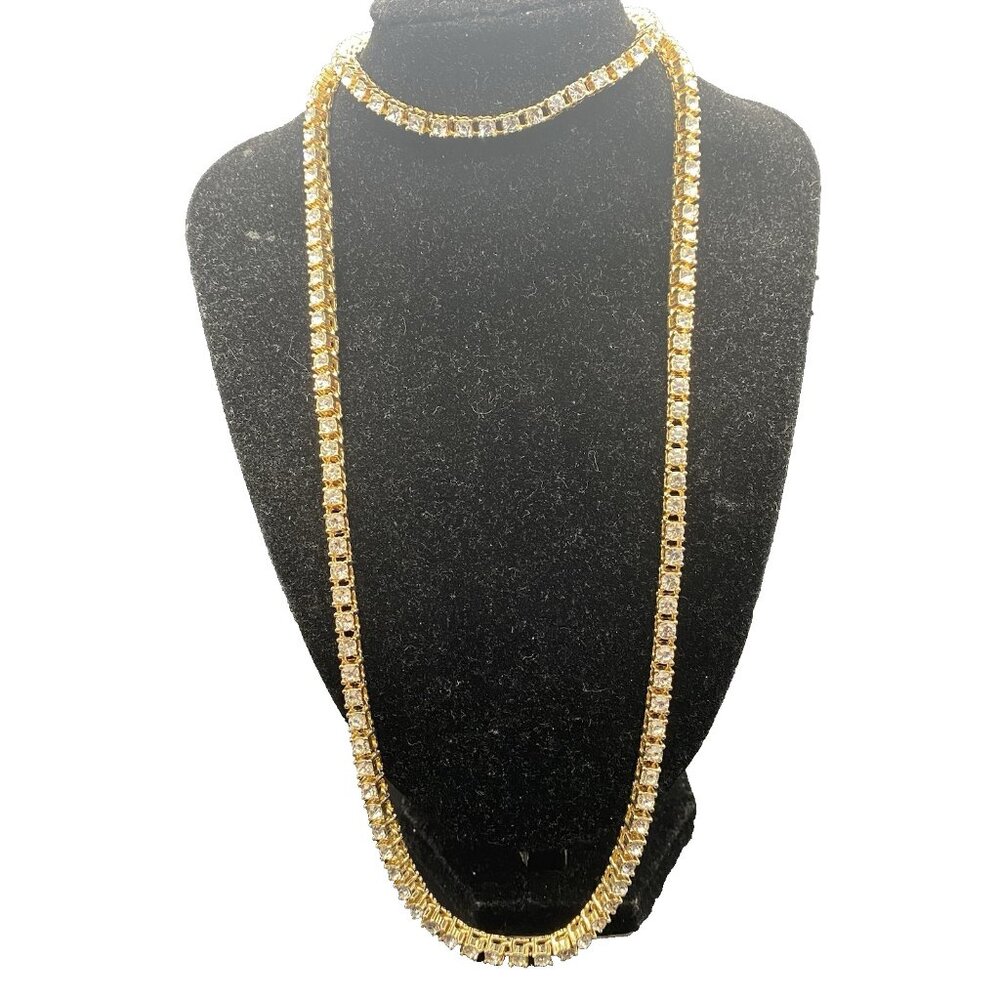 Necklace Bracelet Set 4 mm Tennis Yellow Gold Tone Solitaire CZ 21.5" 8"Hip Hop - Picture 2 of 6